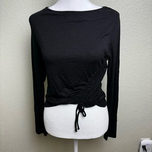 Anistar Woman's‎ NEW Black Crop Ribbed Top Stretchy Size Large Draw String